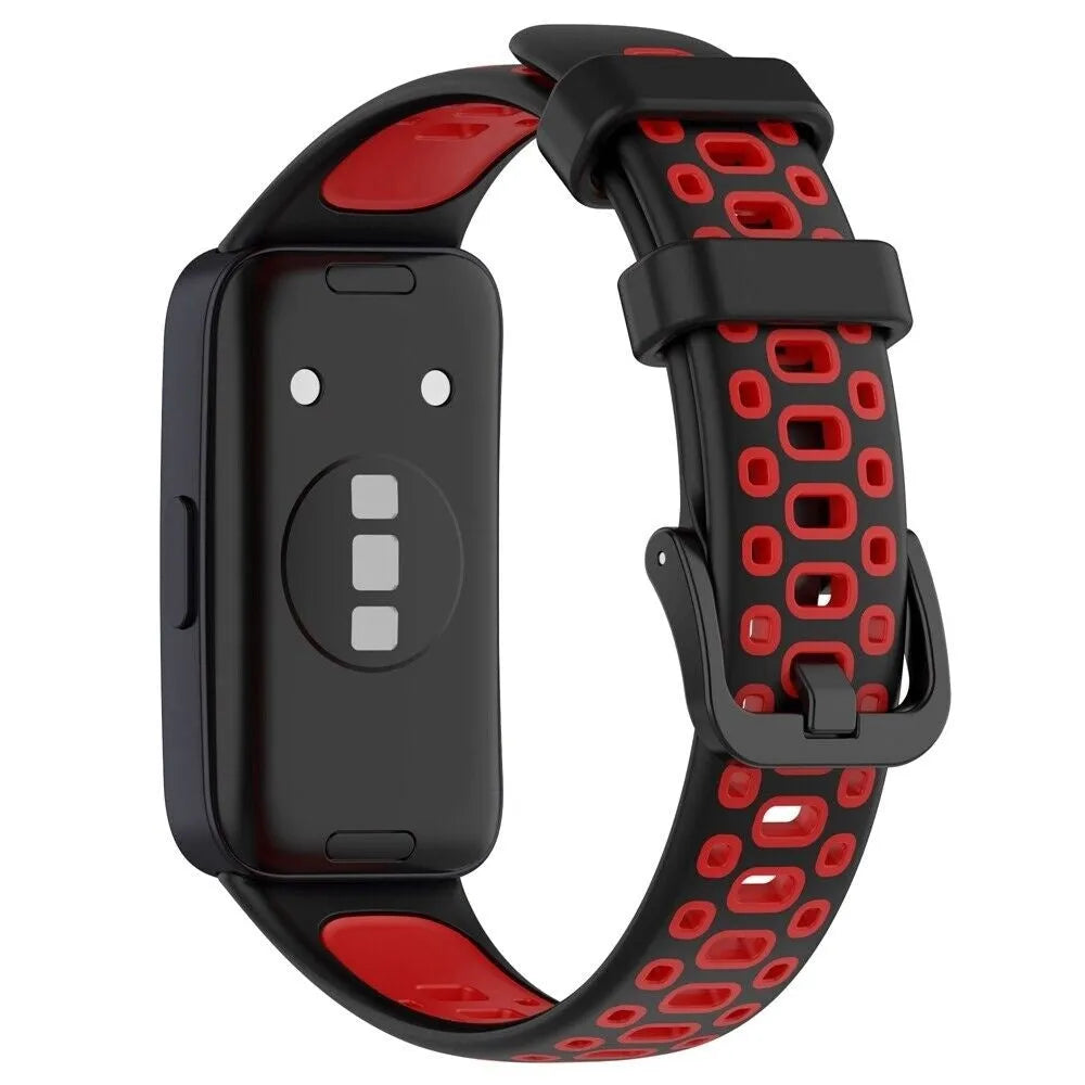 Silicone Sport Strap, black/red, on a watch, 3/4 rear view