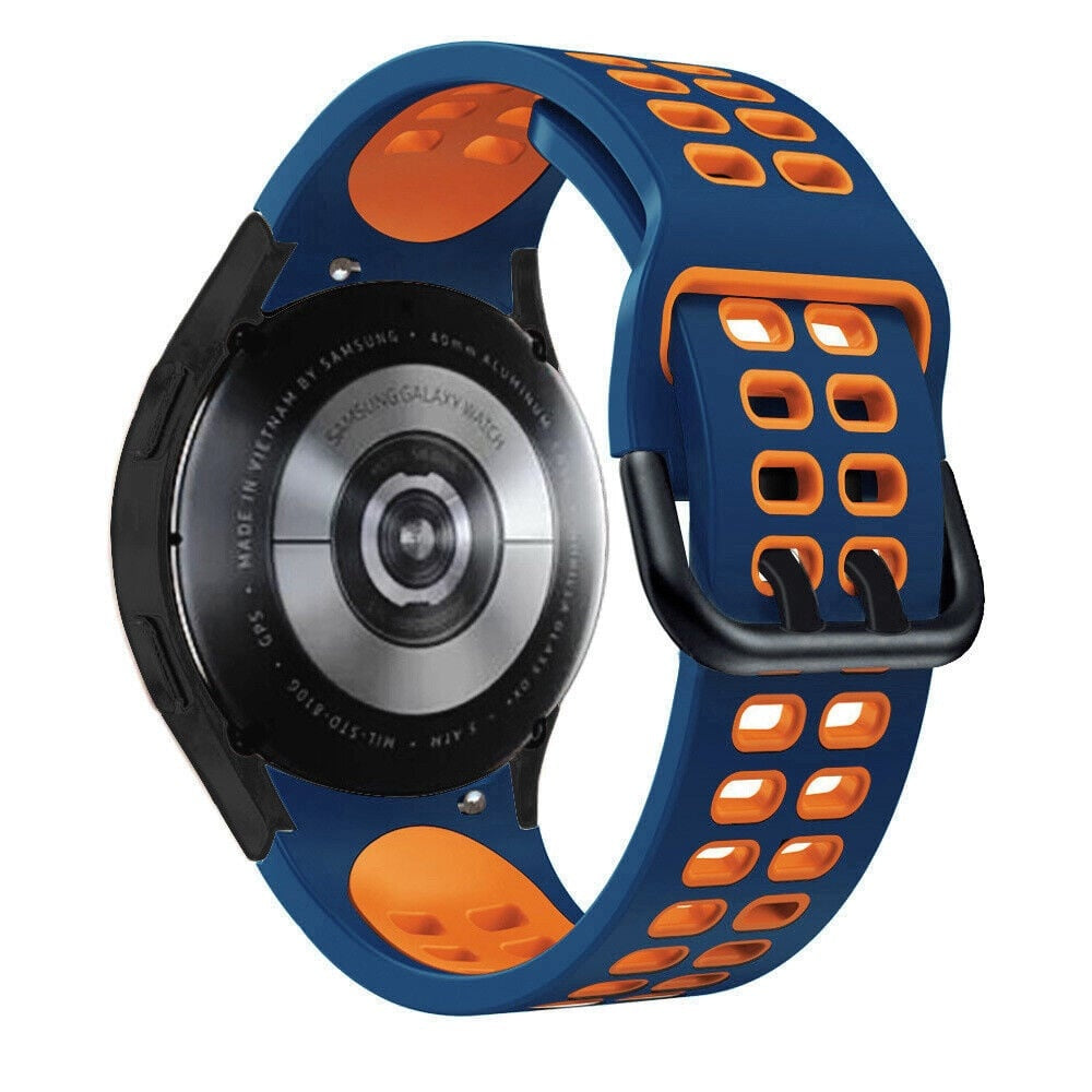 Silicone Squared Sport Strap, blue/orange, on a watch, 3/4 rear view