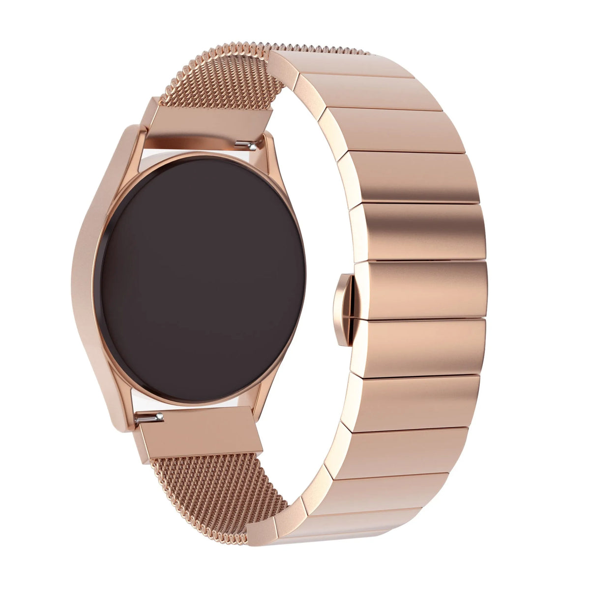 Milanese Steel Strap, rose gold, on a watch, 3/4 rear view