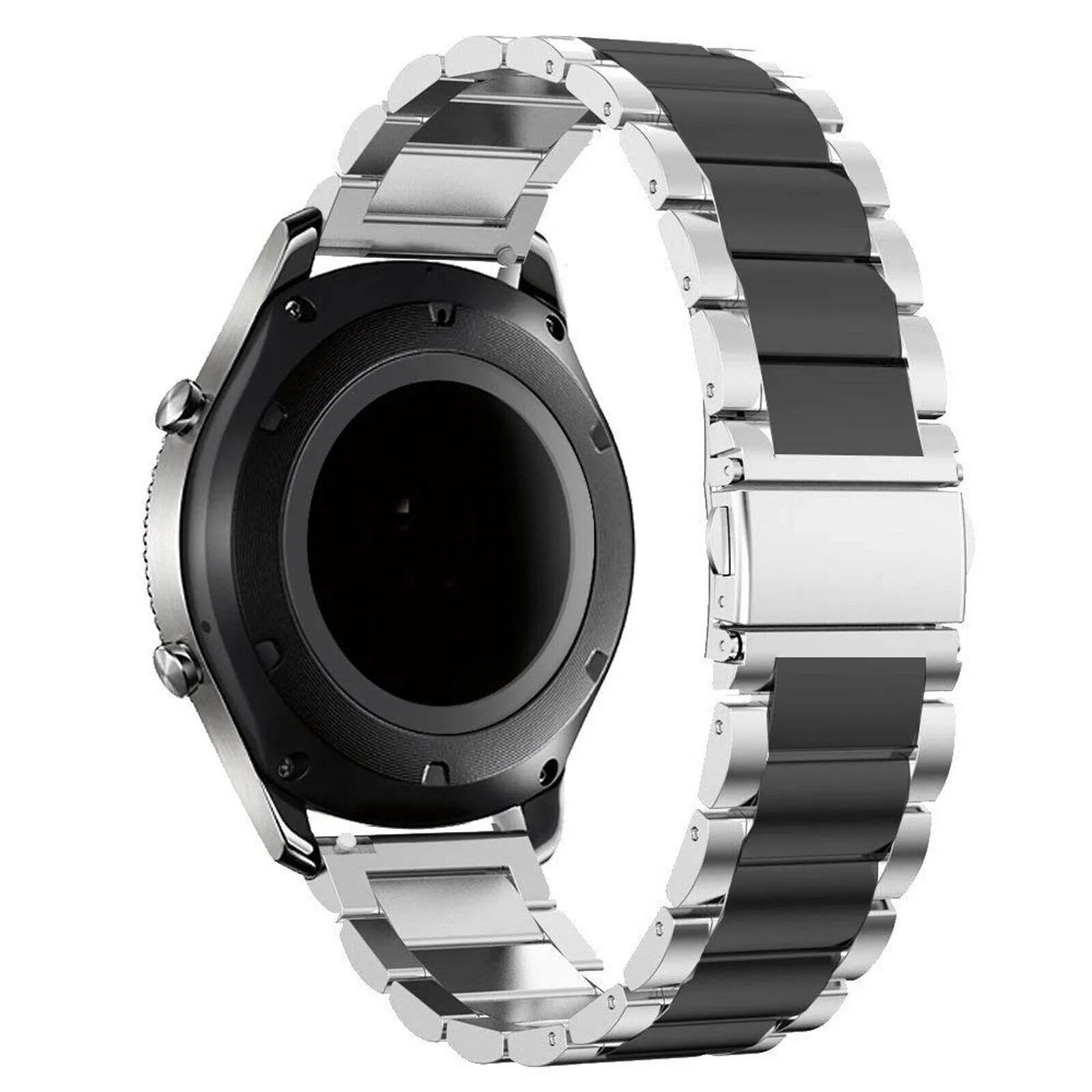 Steel Strap, silver/black, on a watch, 3/4 rear view