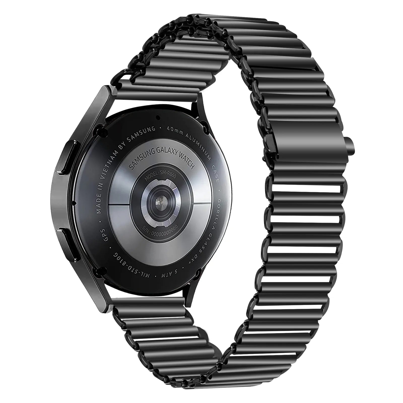 Steel Loop Strap, black, on a watch, 3/4 rear view