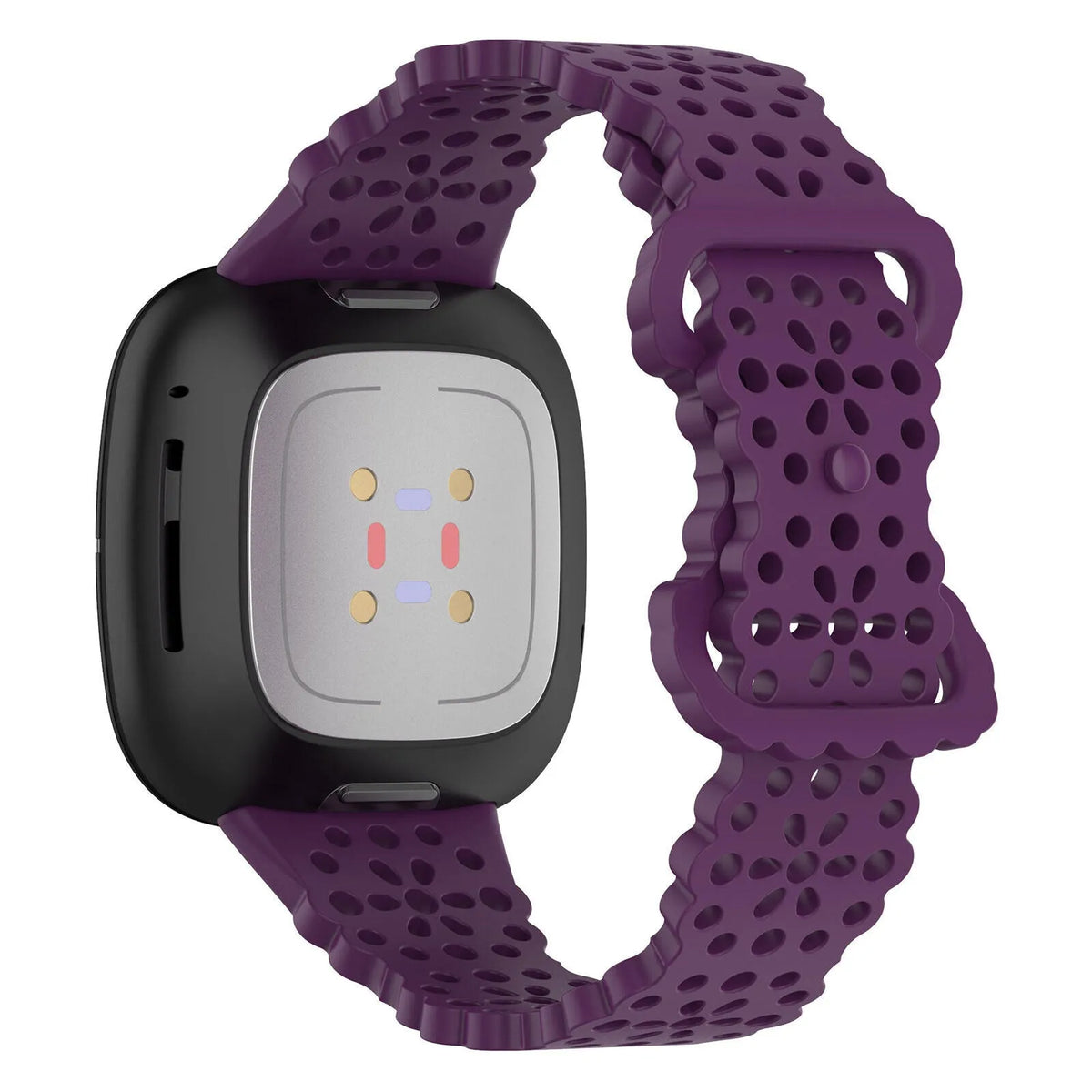 Patterned Silicone Strap, purple, on a watch, 3/4 rear view