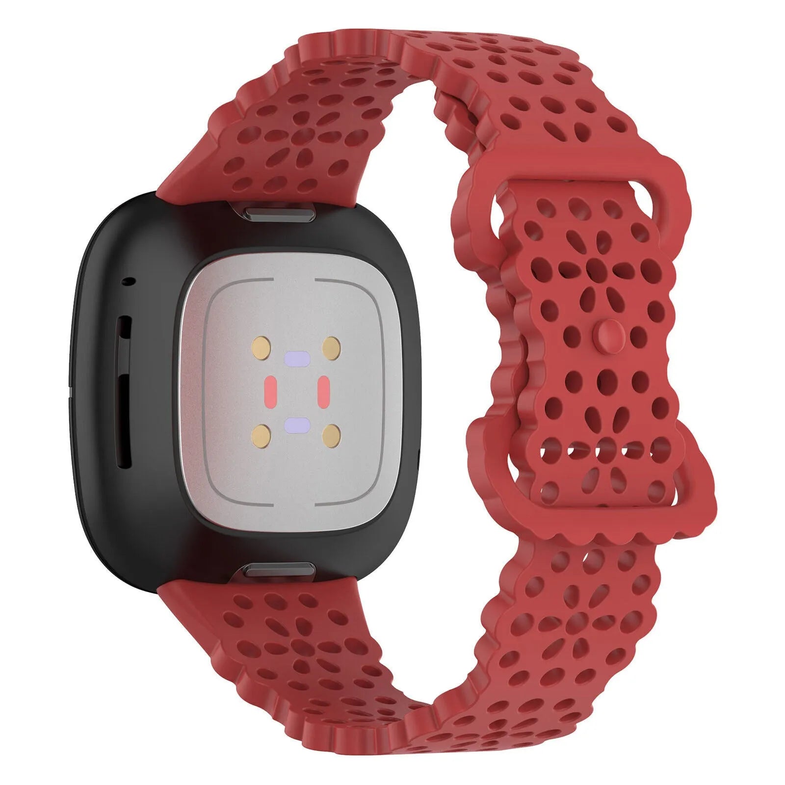 Patterned Silicone Strap, red, on a watch, 3/4 rear view
