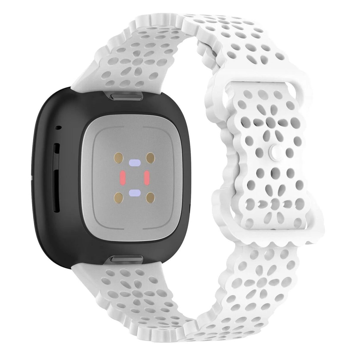 Patterned Silicone Strap, white, on a watch, 3/4 rear view