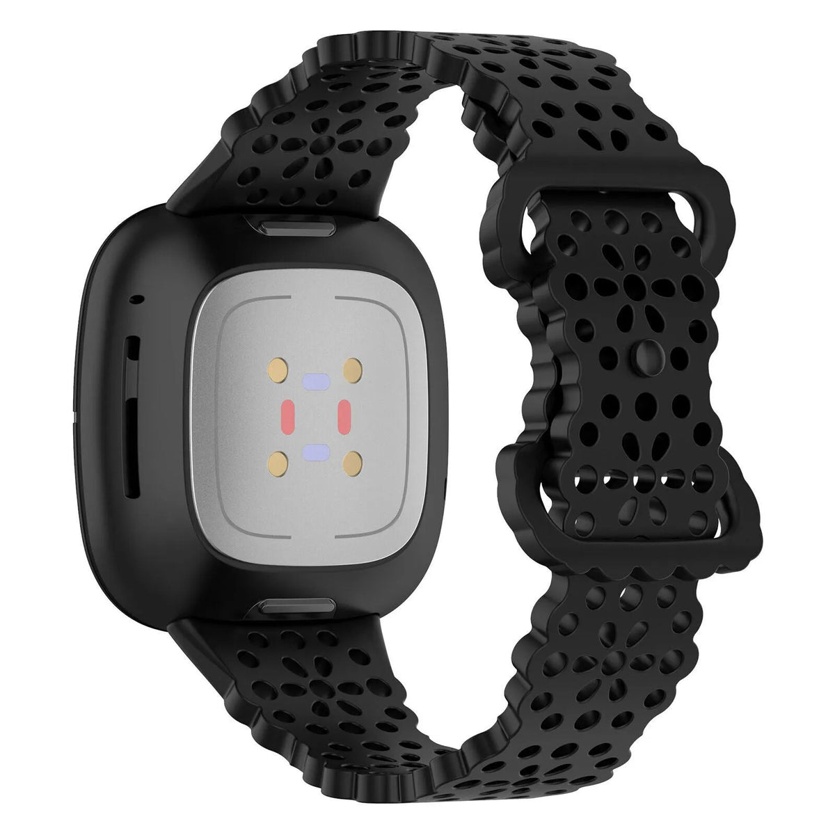 Patterned Silicone Strap, black, on a watch, 3/4 rear view