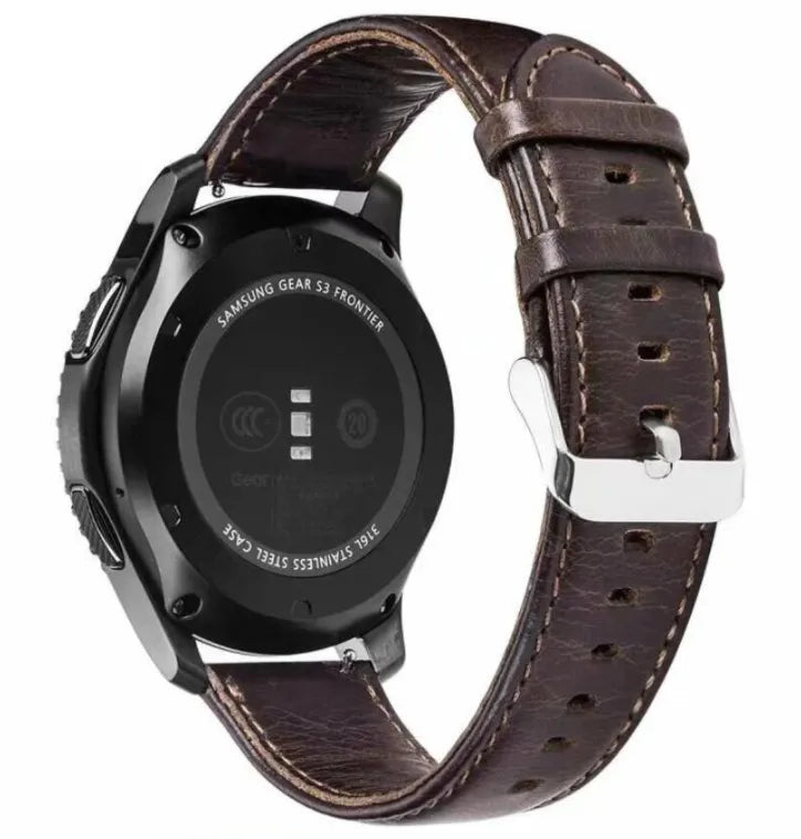Leather Strap, dark brown, on a watch, 3/4 rear view