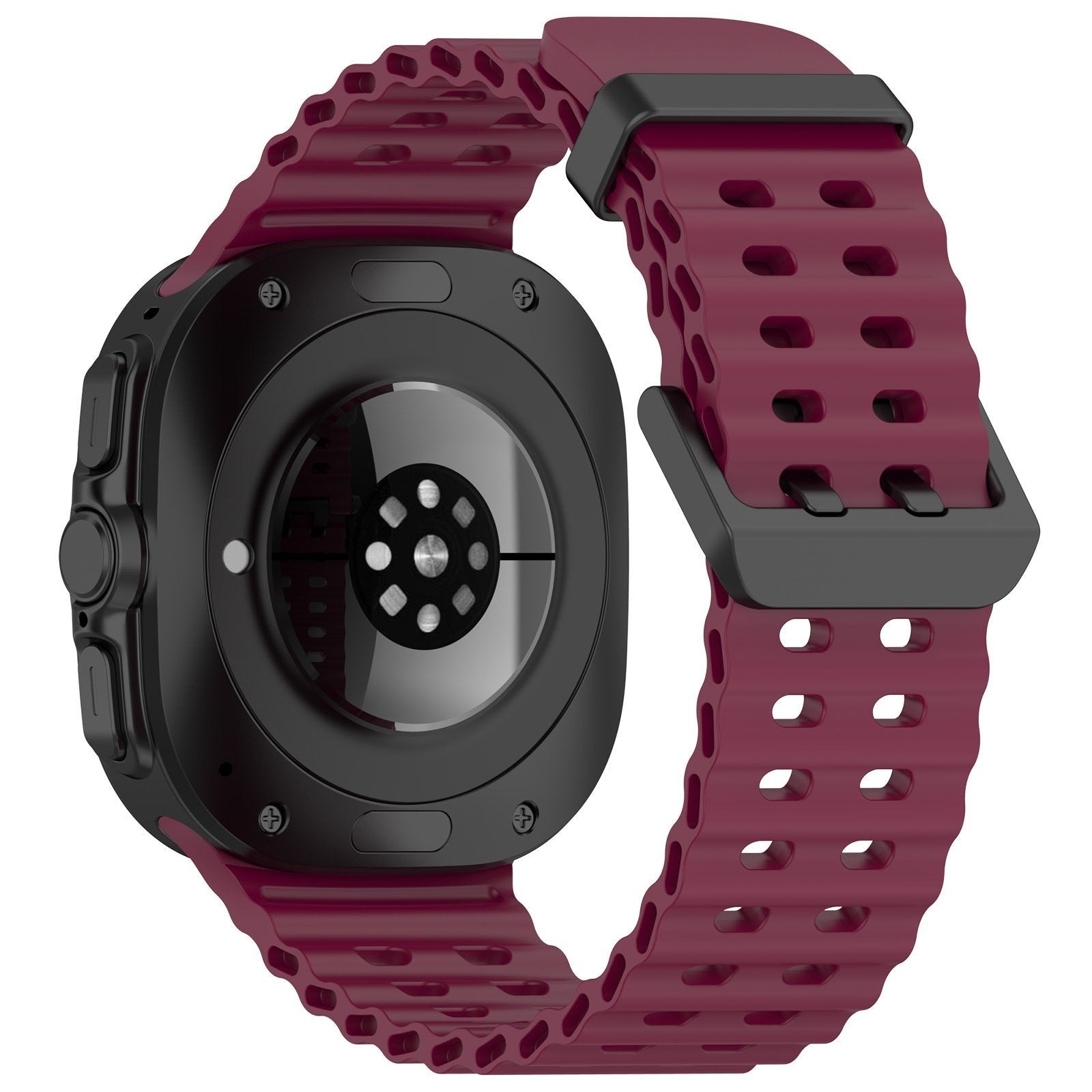 Silicone Ocean Strap, wine red, on a watch, 3/4 rear view