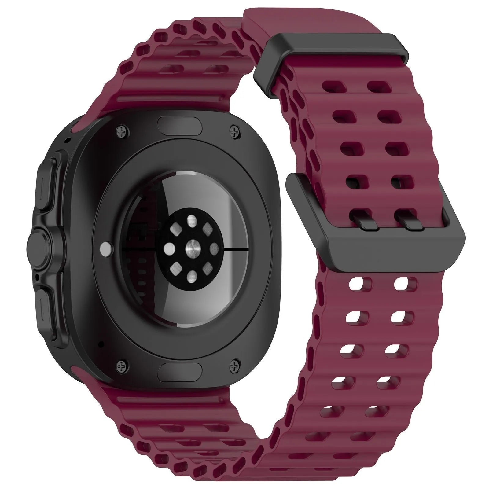 Silicone Ocean Strap, wine red, on a watch, 3/4 rear view
