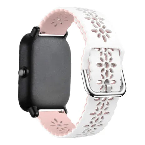 Patterned Silicone Strap, white/pink, on a watch, 3/4 rear view
