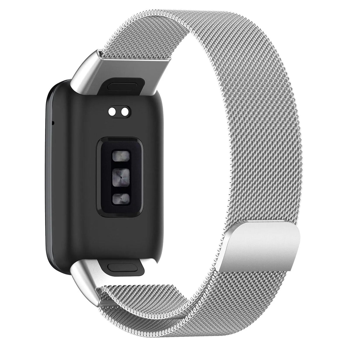 Milanese Strap, silver, on a watch, 3/4 rear view