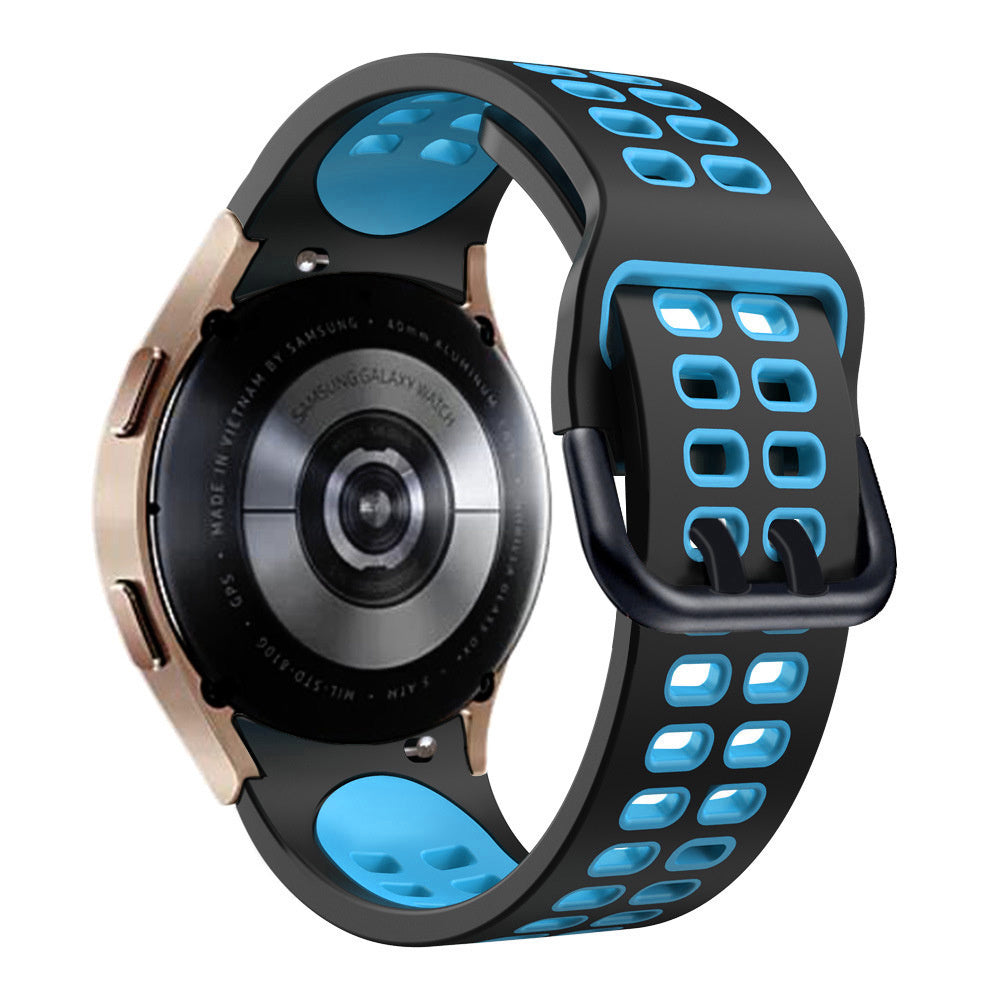 Silicone Squared Sport Strap, black/light blue, on a watch, 3/4 rear view