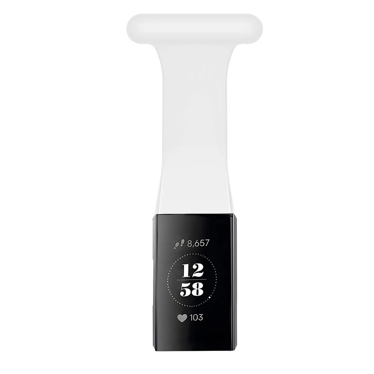 Silicone Nurse Fob, white, on a watch, direct front view