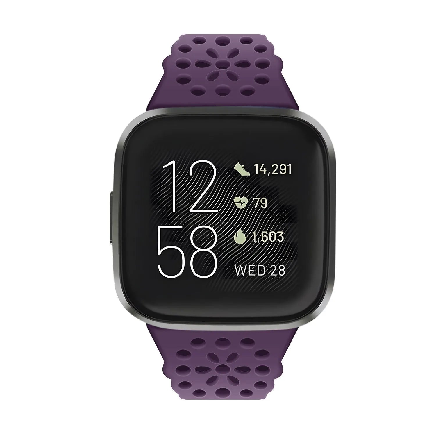Patterned Silicone Strap, purple, on a watch, direct front view