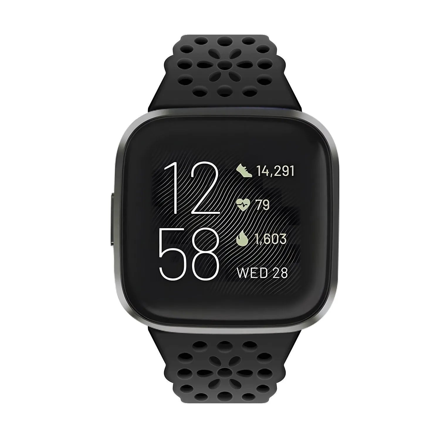 Patterned Silicone Strap, black, on a watch, direct front view