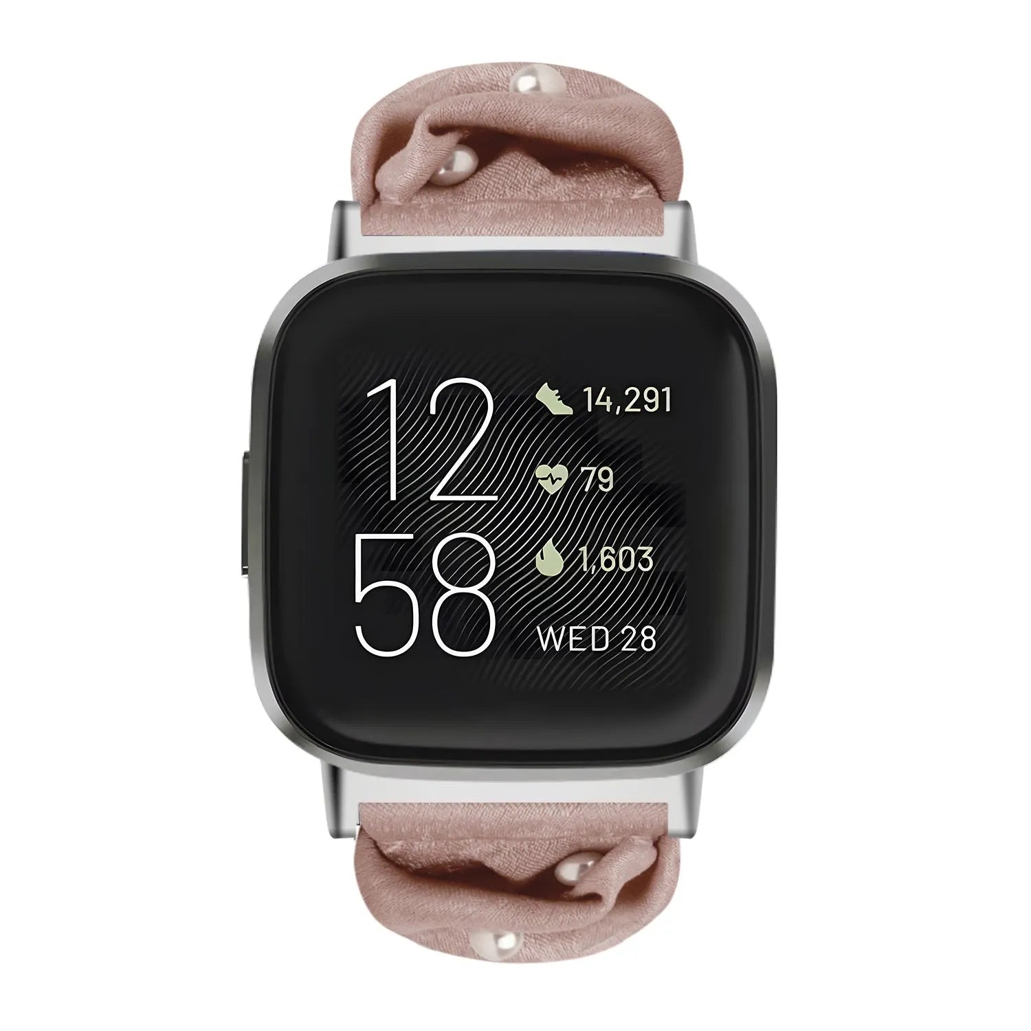 Nylon Scrunchie Strap, beige with pearls, on a watch, direct front view