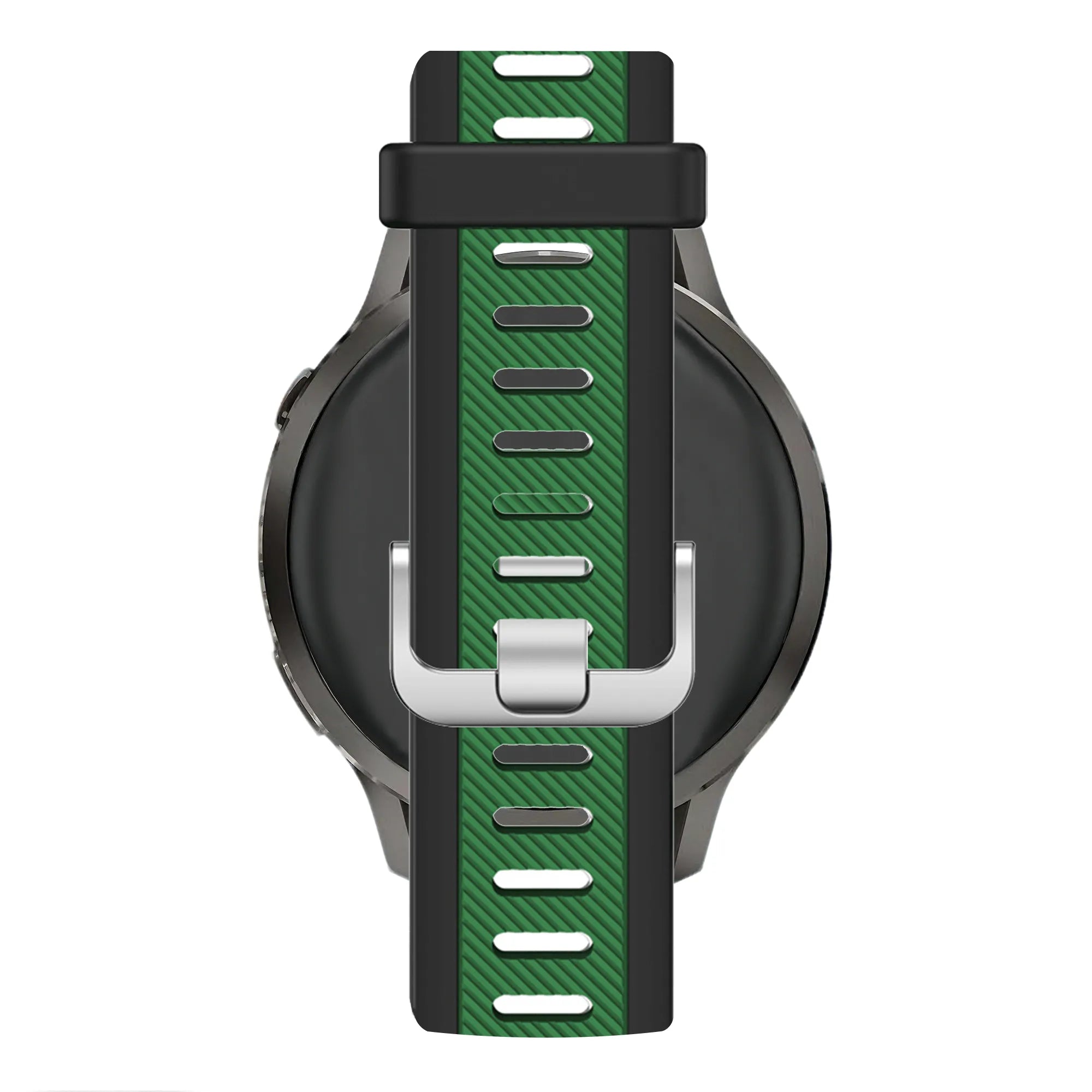 Silicone Dual Buckled Sport Strap, black/green, on a watch, direct front view