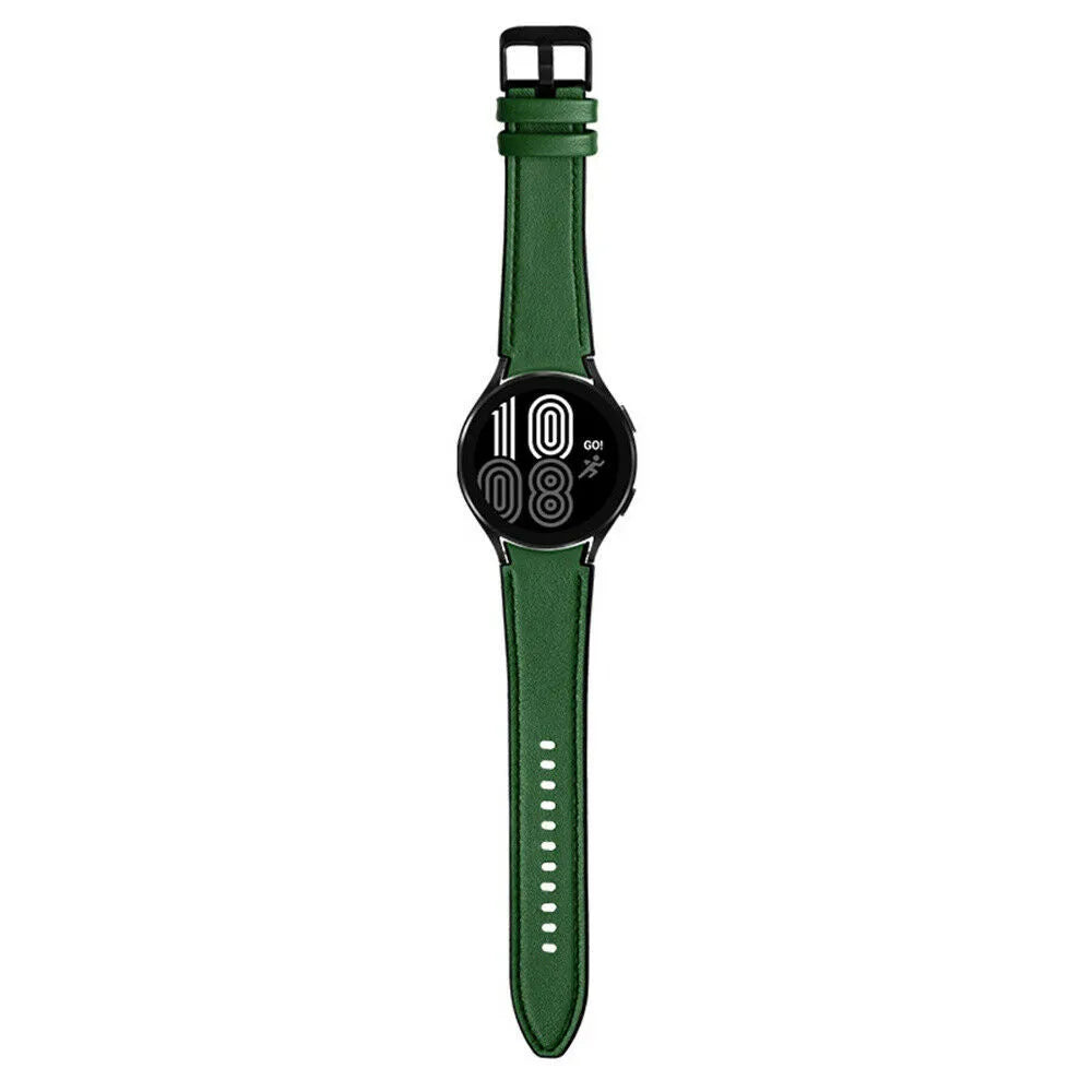 Leather Hybrid Strap, green, on a watch, direct front view
