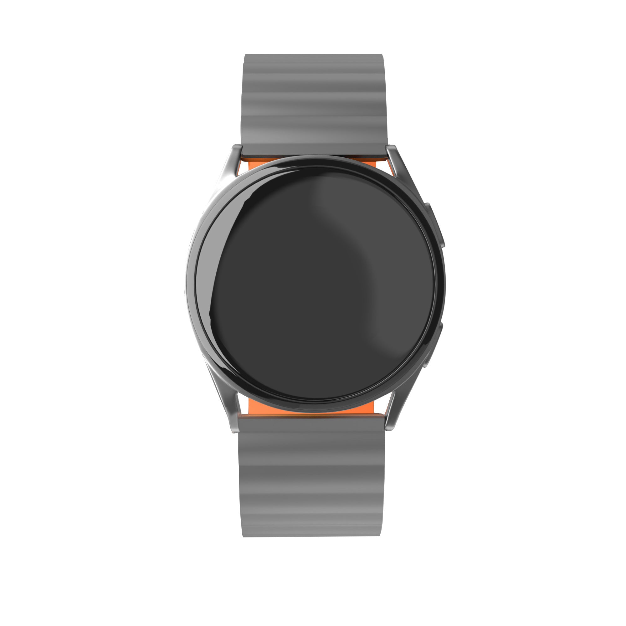 Magnetic Silicone Strap, grey/orange, on a watch, direct front view