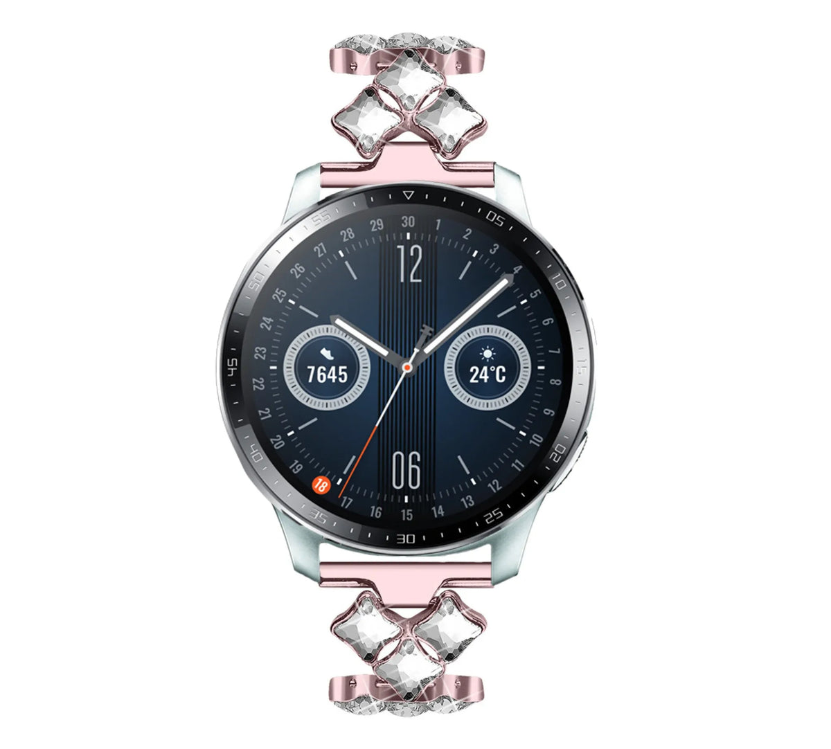 Steel Diamond Strap, pink, on a watch, direct front view