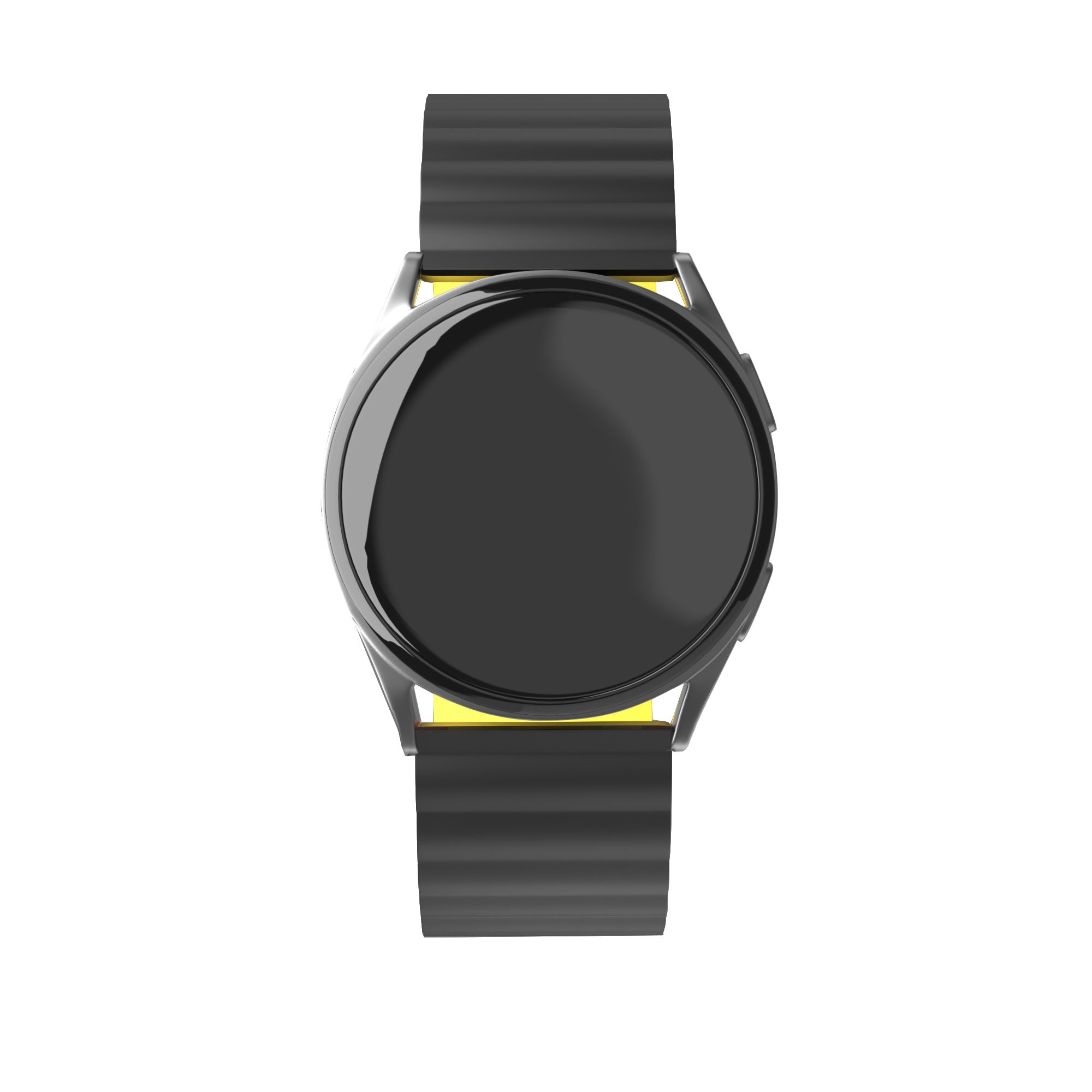 Magnetic Silicone Strap, black/yellow, on a watch, direct front view