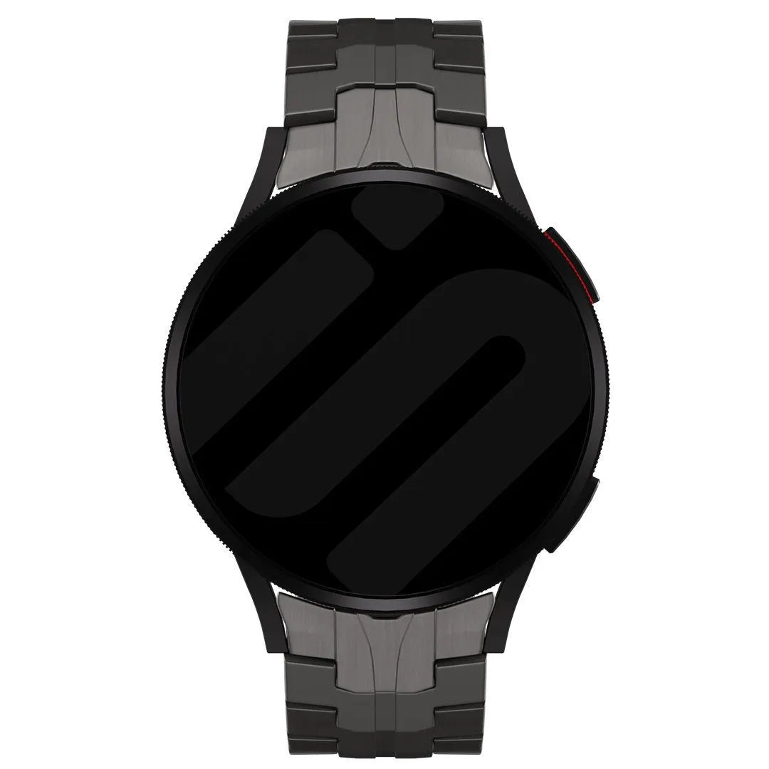 Titanium Strap 'Iron', graphite, on a watch, direct front view