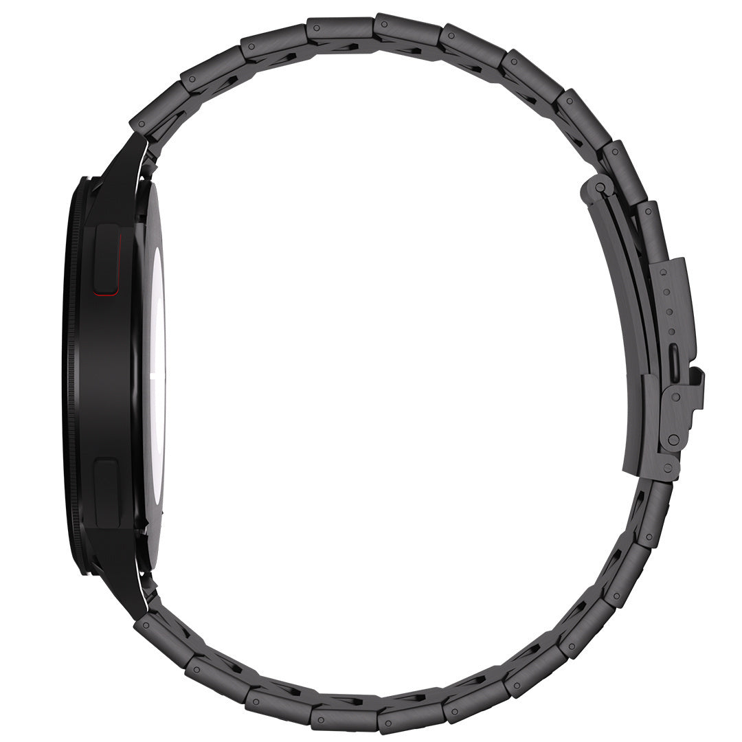 Titanium Strap 'Iron', black, on a watch, direct front view