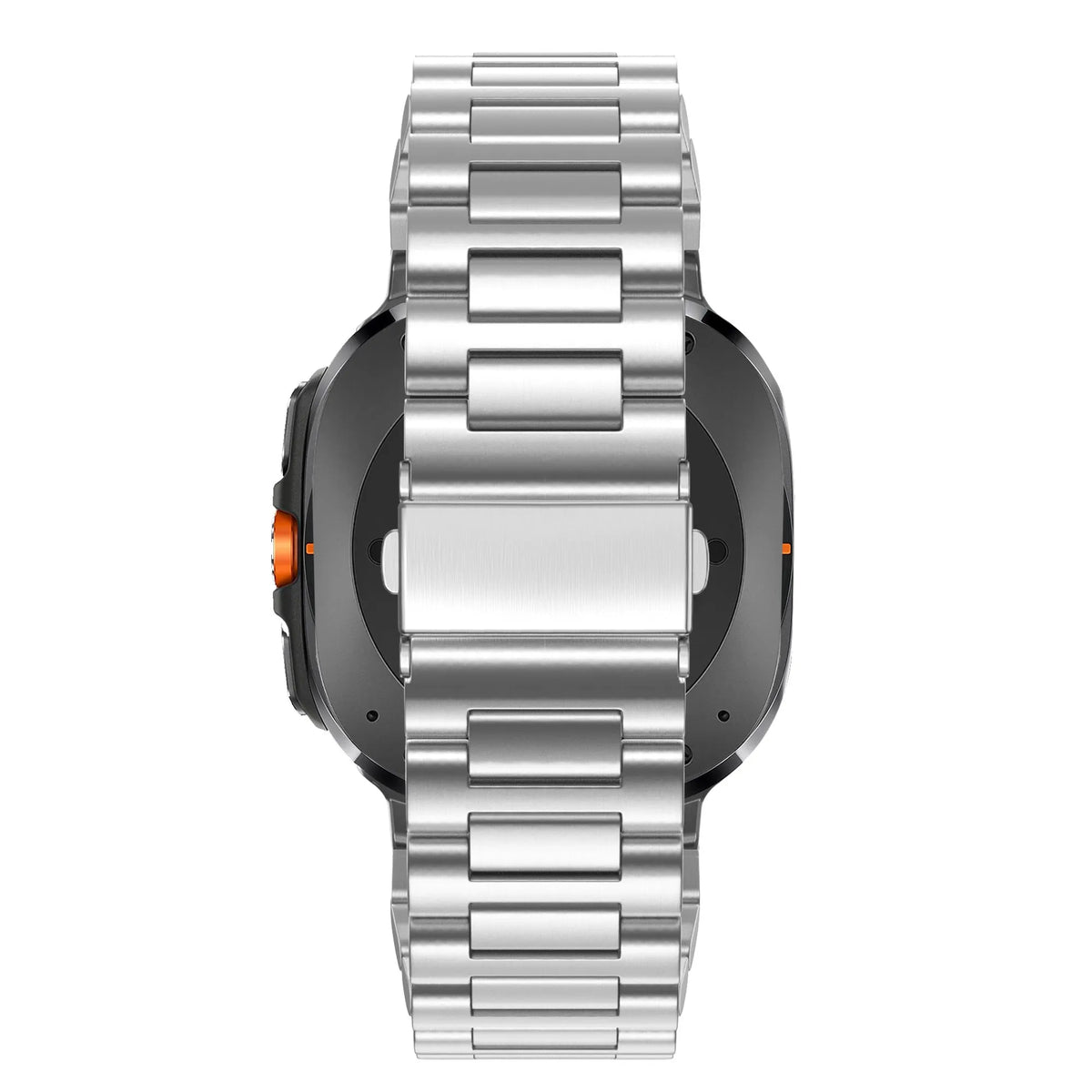 Steel Link Strap 'Deluxe', silver, on a watch, direct rear view