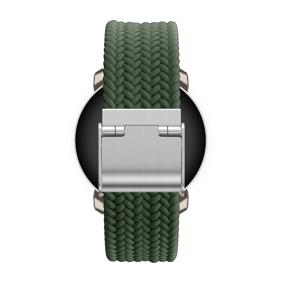 Woven Nylon Strap, green, on a watch, direct rear view