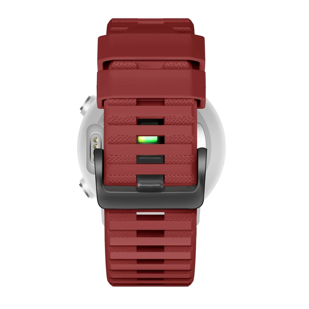 Buckled Silicone Strap, red, on a watch, direct rear view
