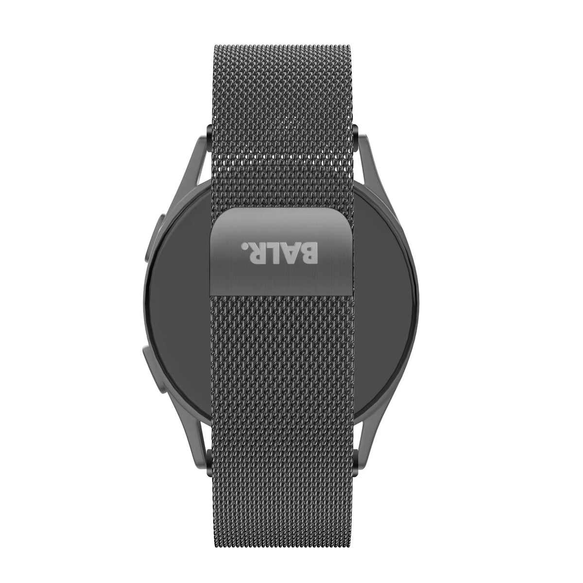 Milanese Strap, black, on a watch, direct rear view