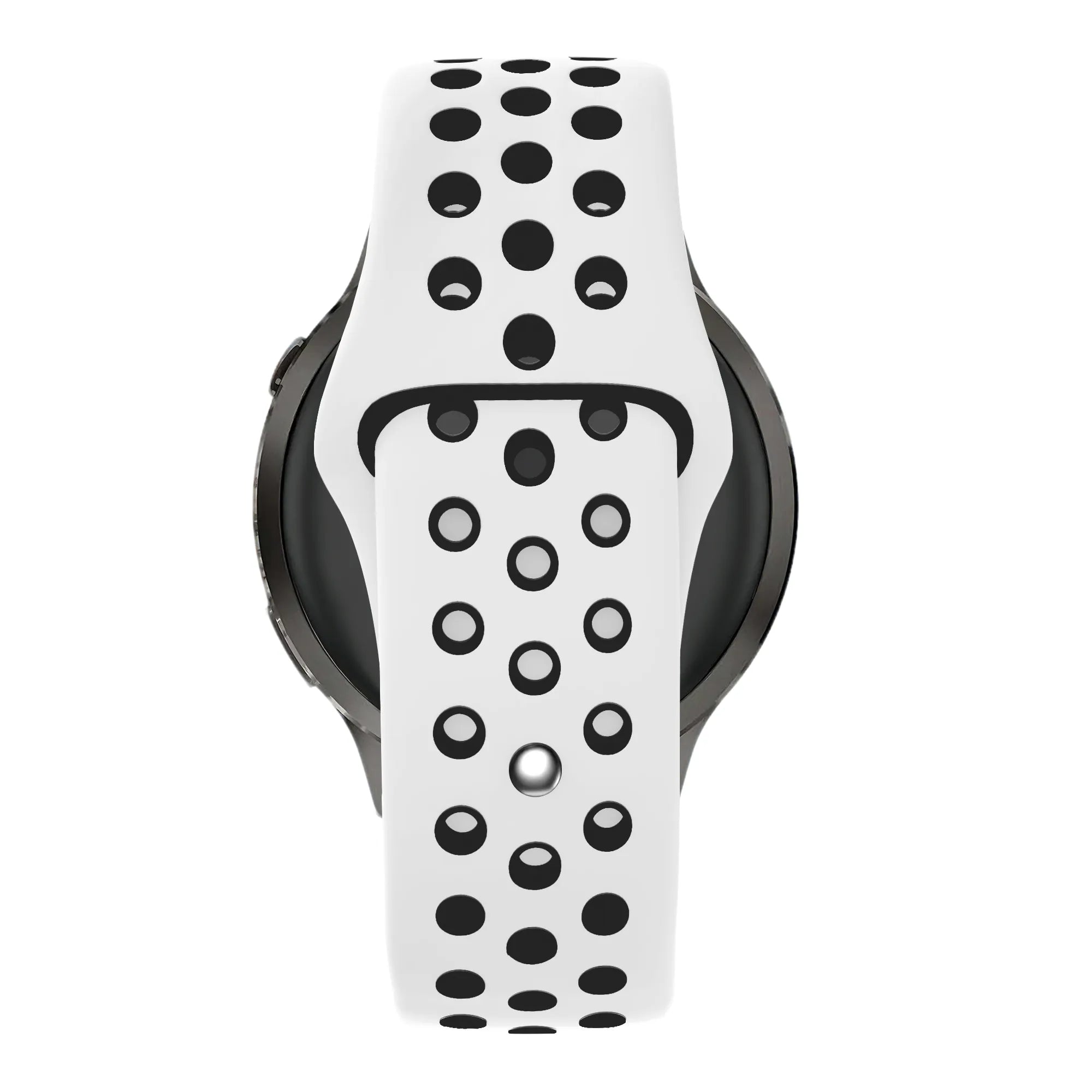 Silicone Sport Strap 'Deluxe', white/black, on a watch, direct rear view