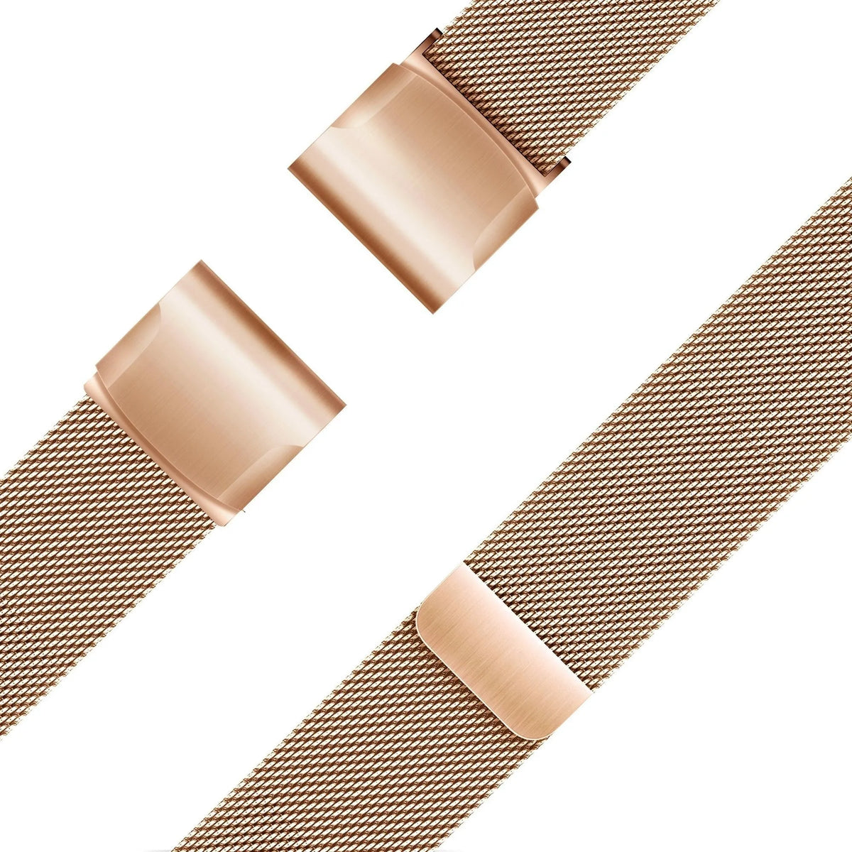 Milanese Loop Strap, rose gold, laid flat, separate parts, direct top view