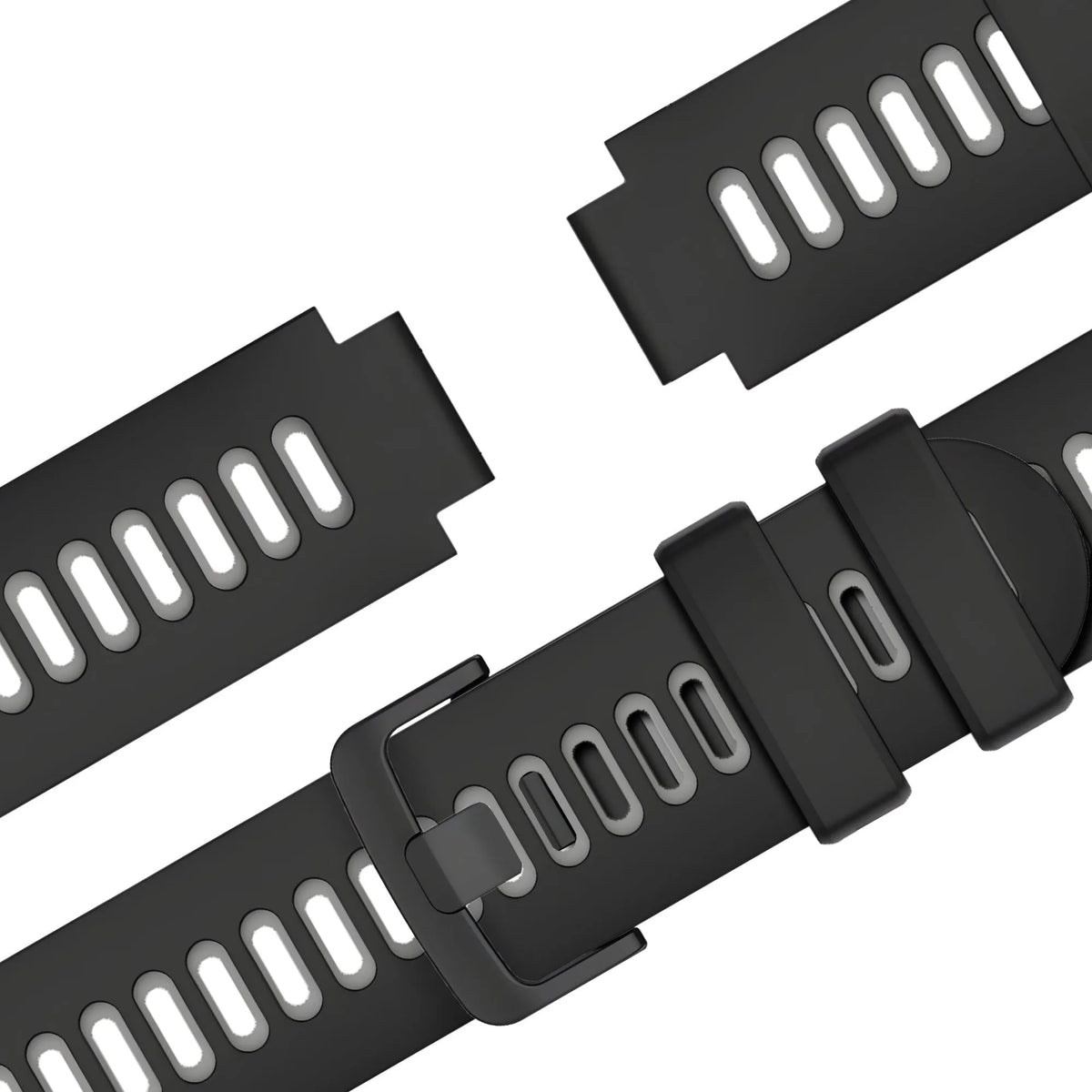 Silicone Buckled Sport Strap, black/grey, laid flat, separate parts, direct top view