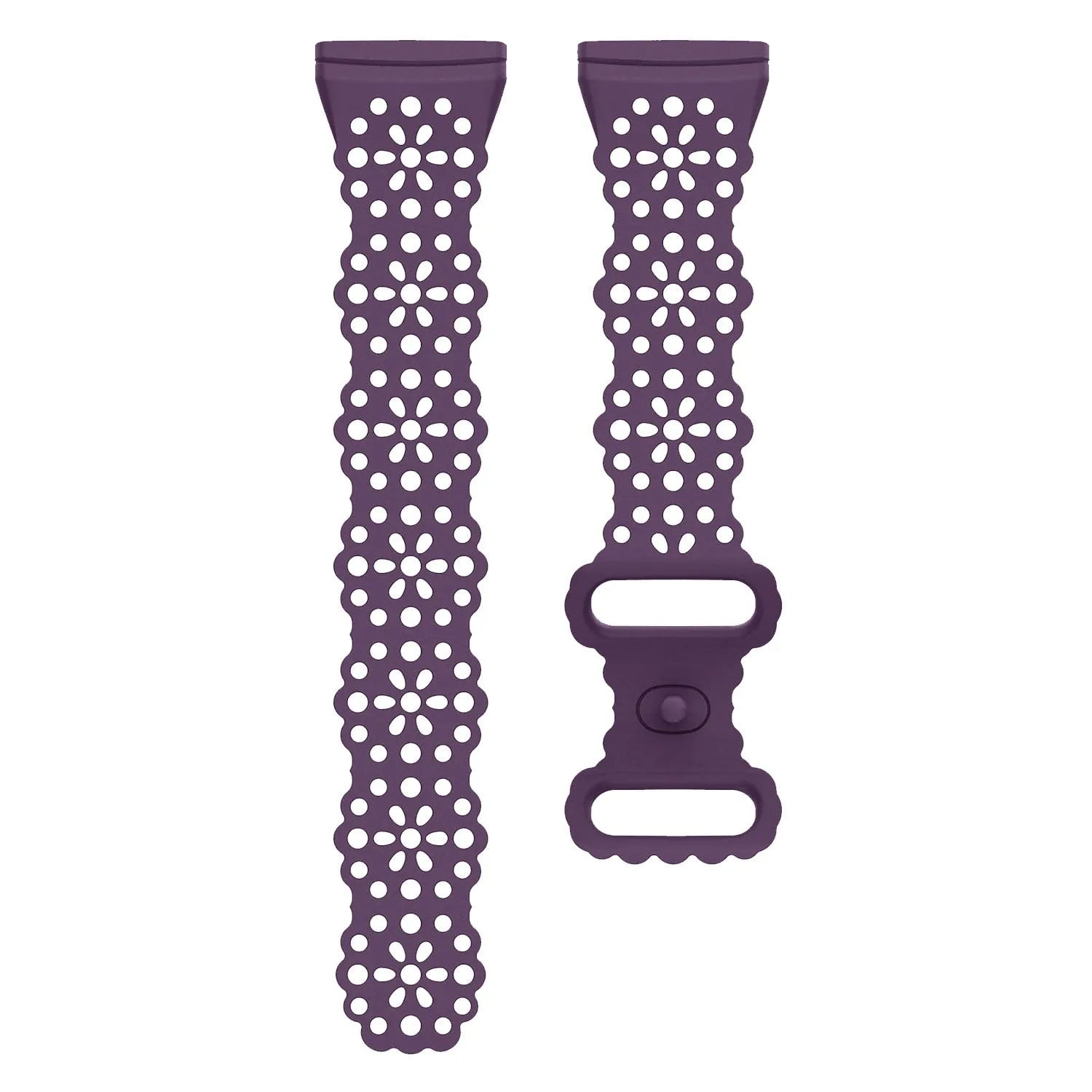 Patterned Silicone Strap, purple, laid flat, separate parts, direct top view