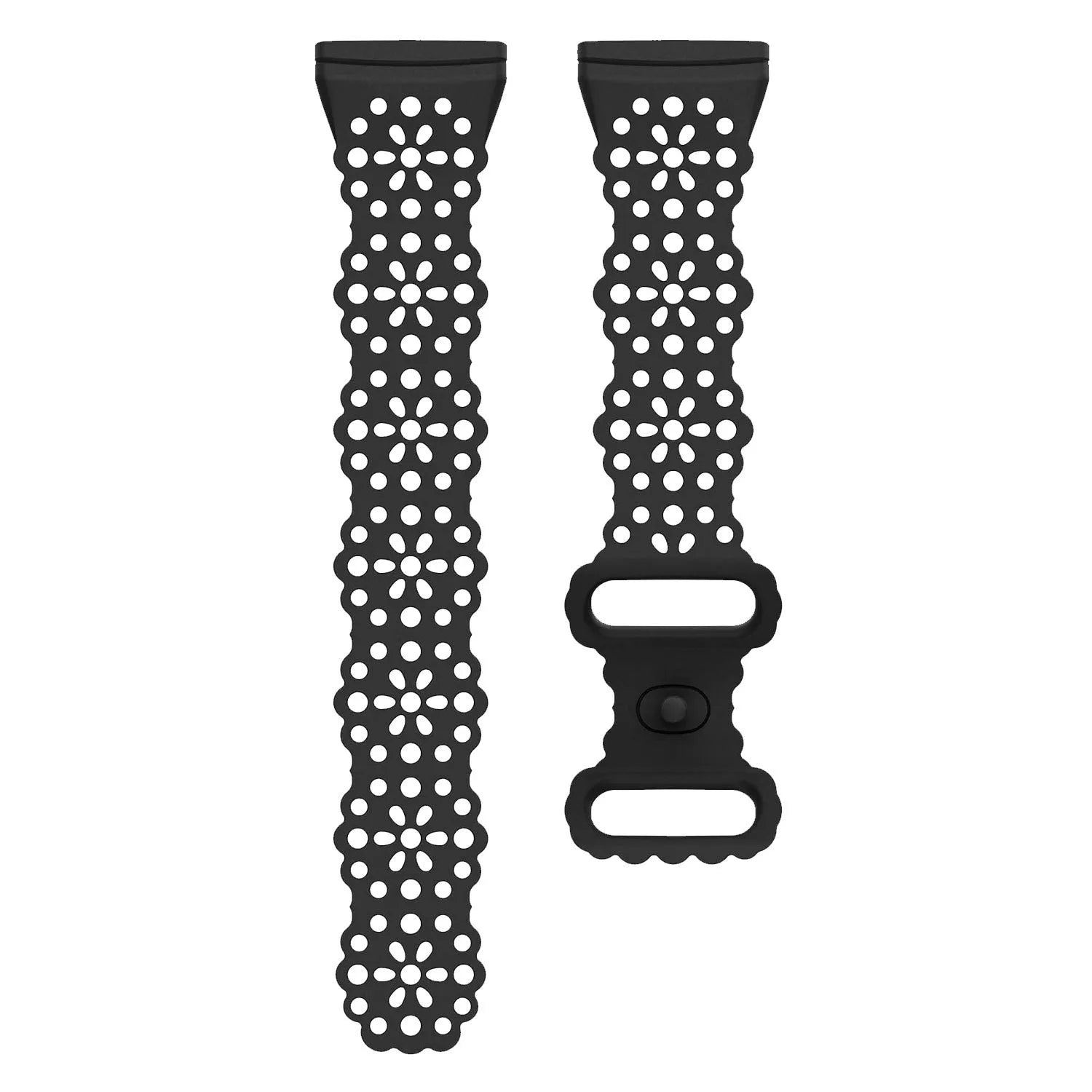 Patterned Silicone Strap, black, laid flat, separate parts, direct top view