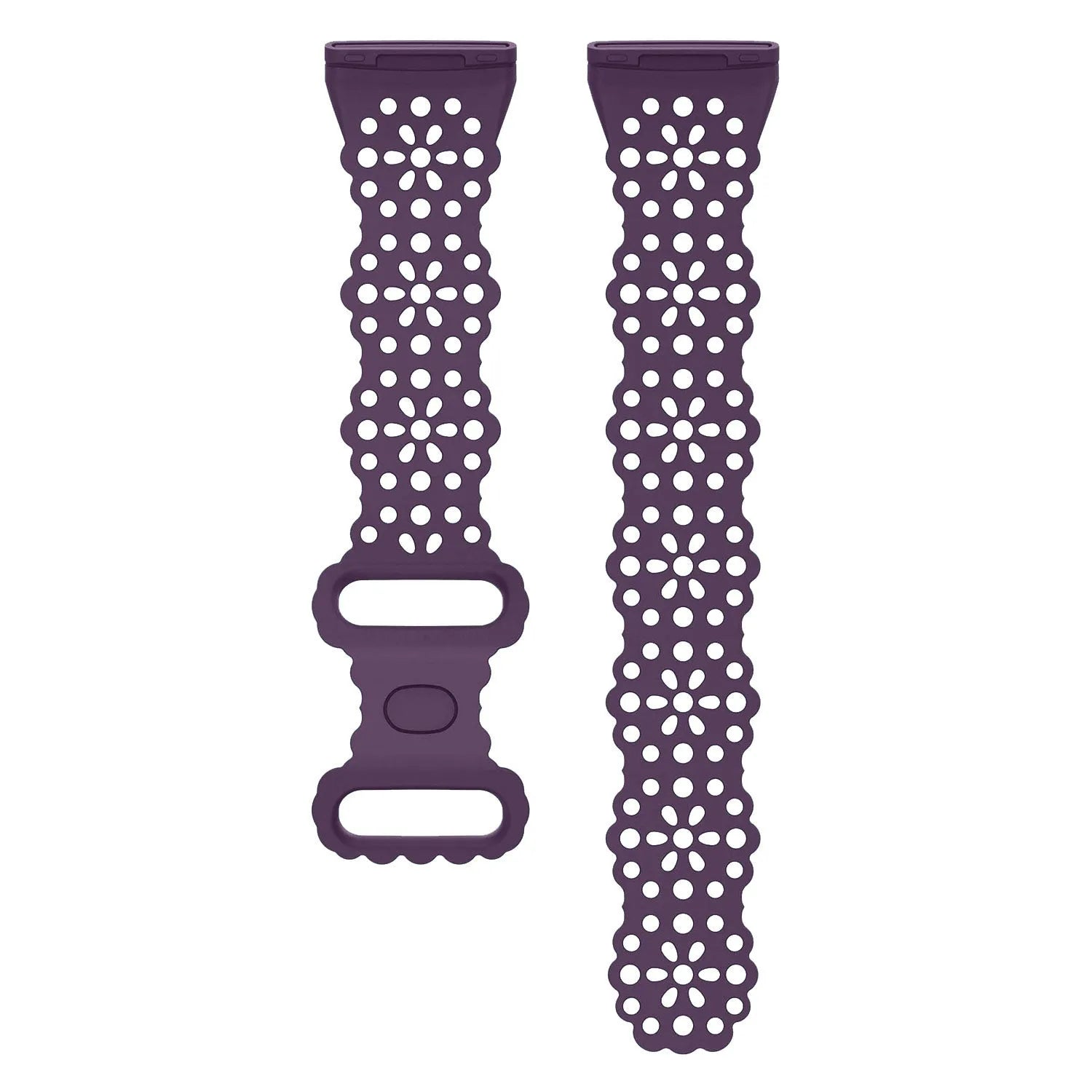 Patterned Silicone Strap, purple, laid flat, separate parts, direct top view