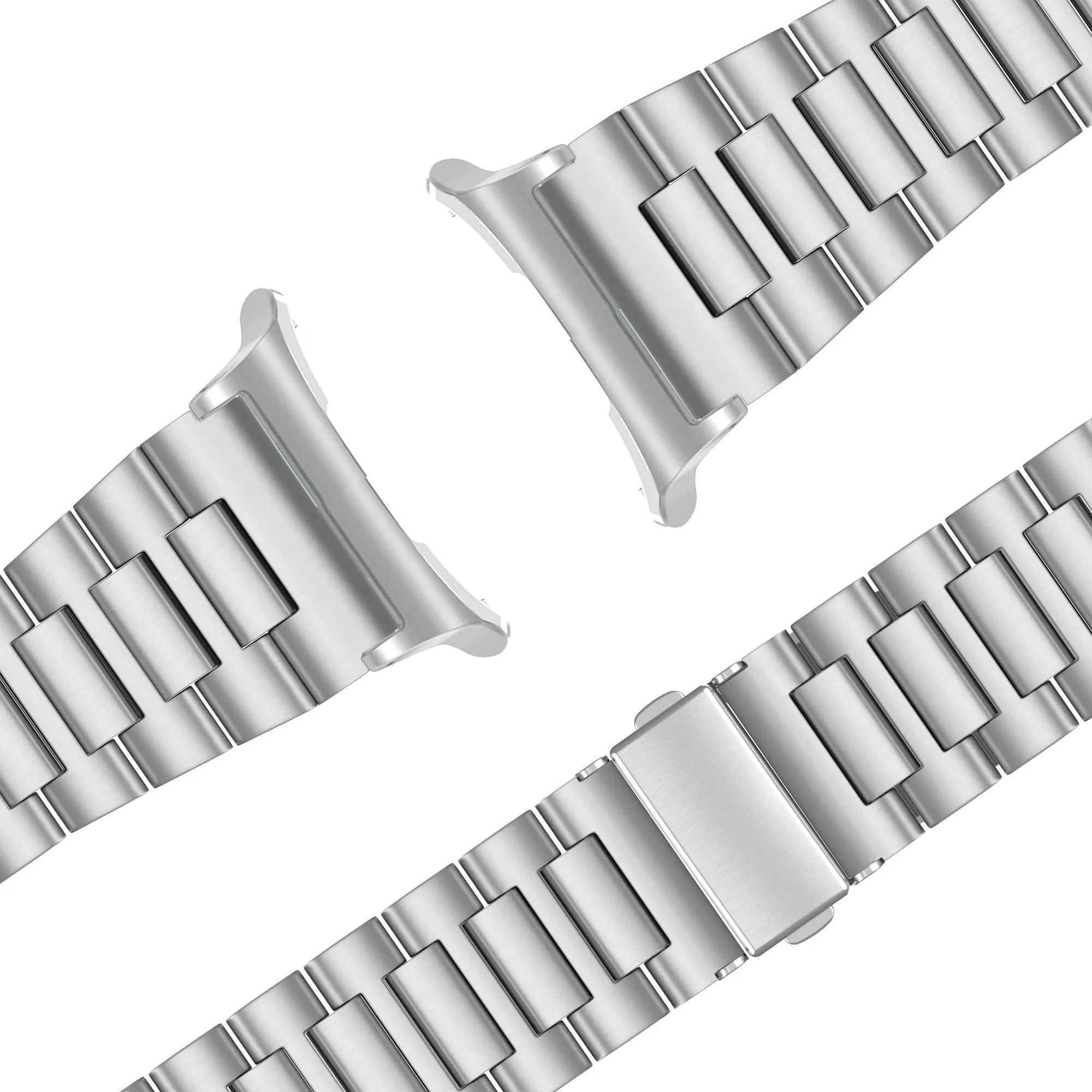 Steel Link Strap 'Deluxe', silver, laid flat, separate parts, direct top view