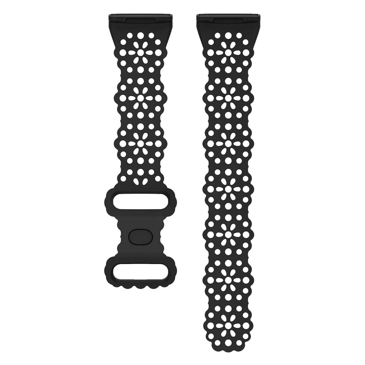 Patterned Silicone Strap, black, laid flat, separate parts, direct top view