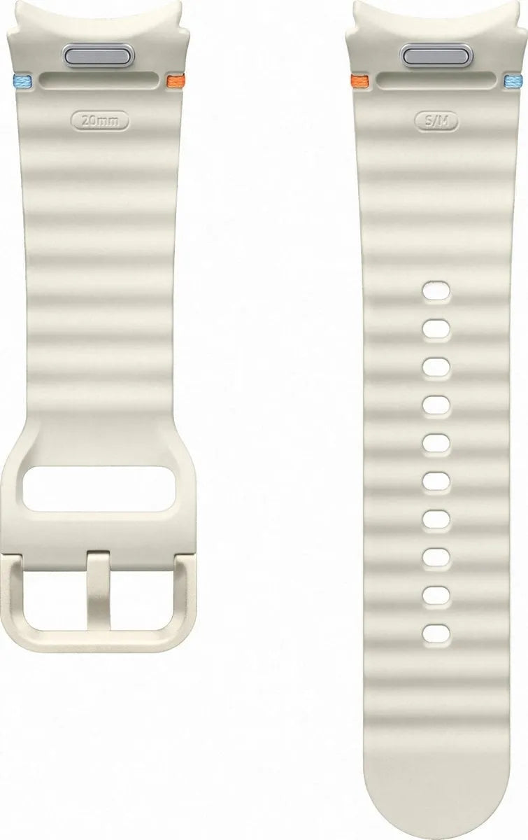 Silicone Sport Strap, cream, laid flat, separate parts, direct top view