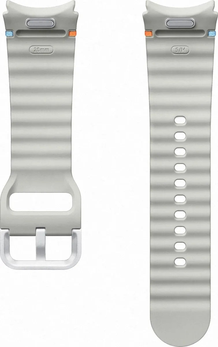 Silicone Sport Strap, silver, laid flat, separate parts, direct top view