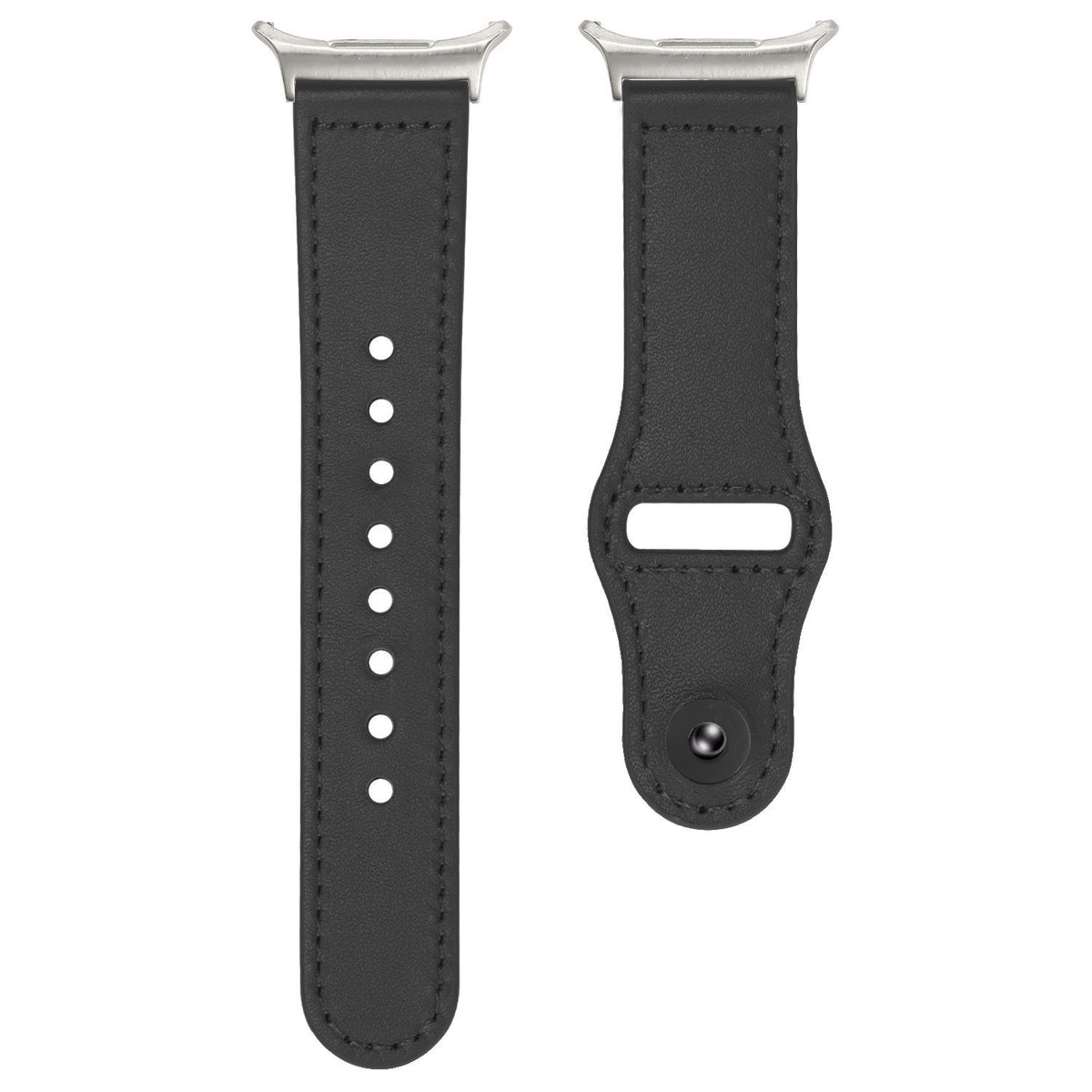 Leather Strap with Snap Closure, black, laid flat, separate parts, direct top view