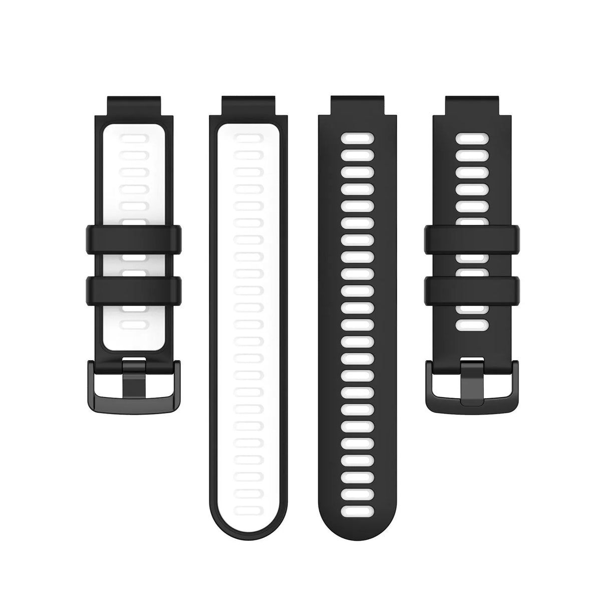 Silicone Sport Strap, black/white, laid flat, separate parts, direct top view