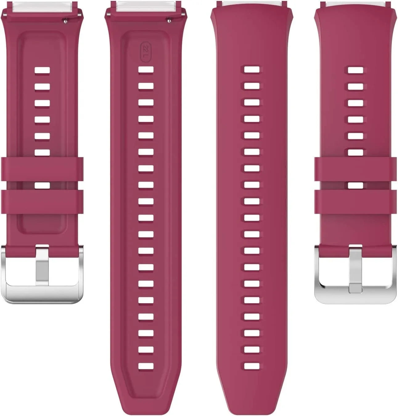 Silicone Strap, burgundy, laid flat, separate parts, direct top view