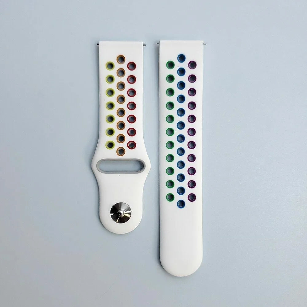 Silicone Sport Strap, white/colourful, laid flat, separate parts, direct top view