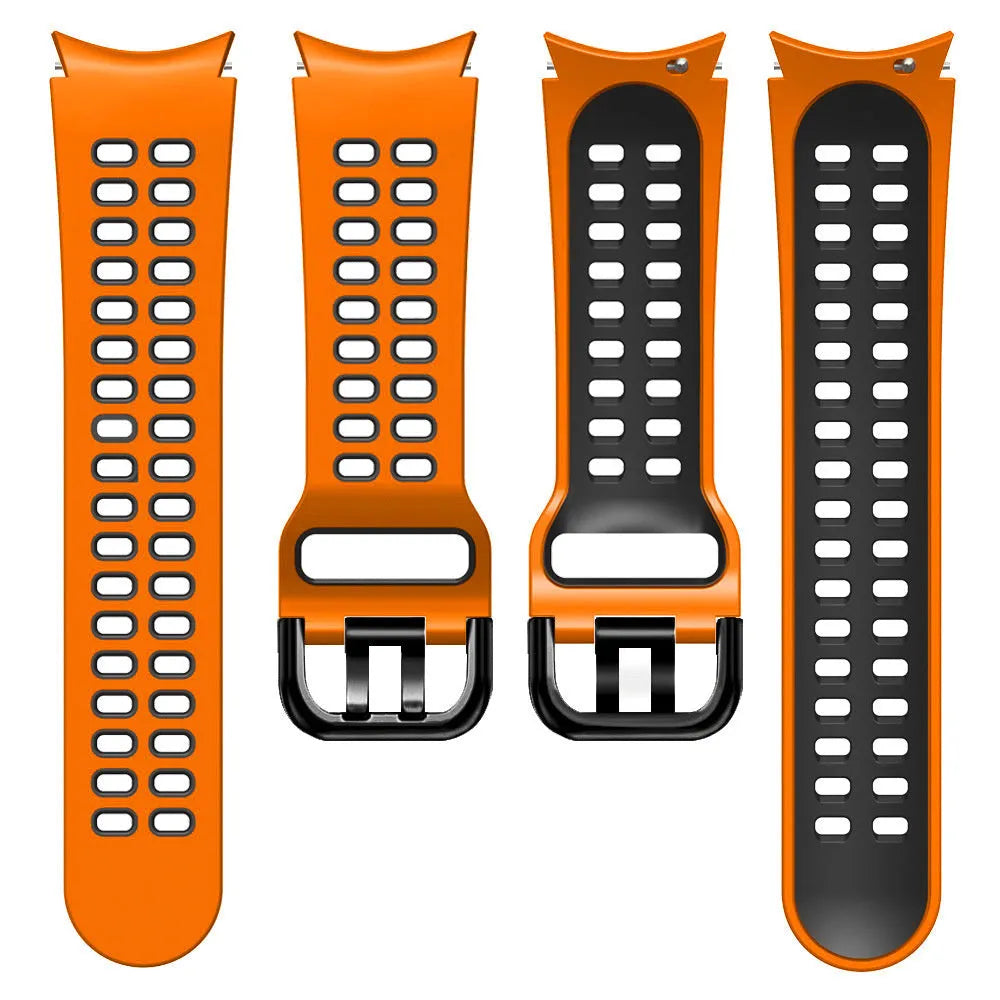 Silicone Squared Sport Strap, orange/black, laid flat, separate parts, direct top view