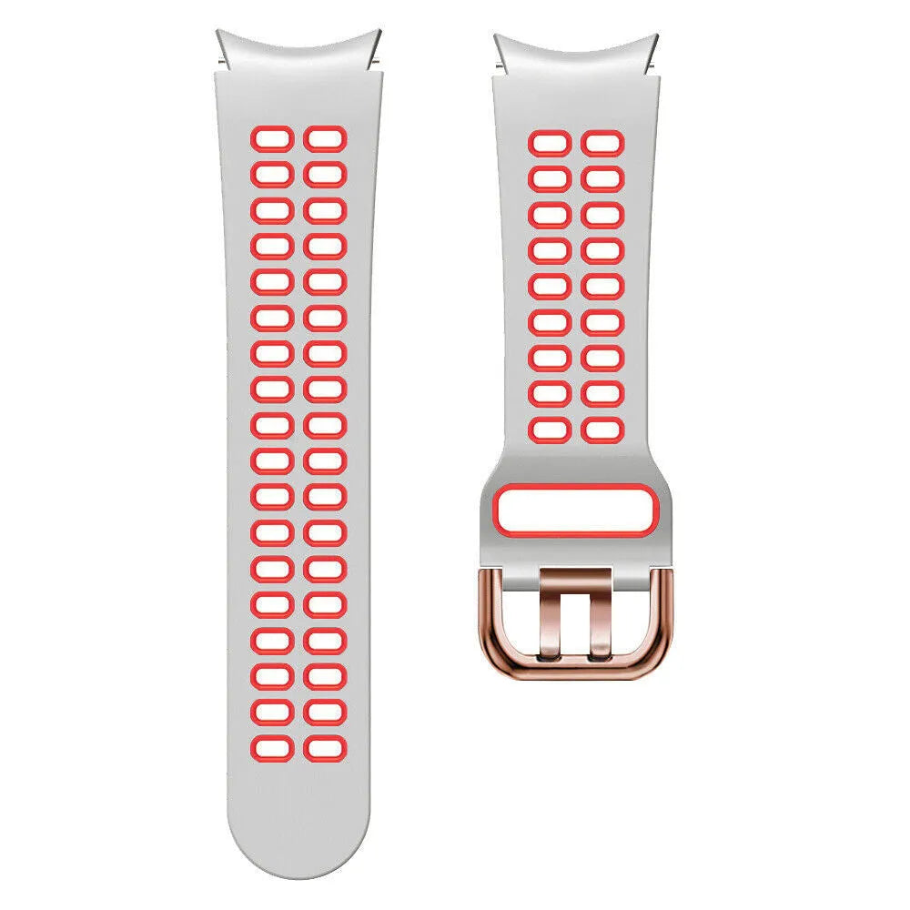 Silicone Squared Sport Strap, white/red, laid flat, separate parts, direct top view