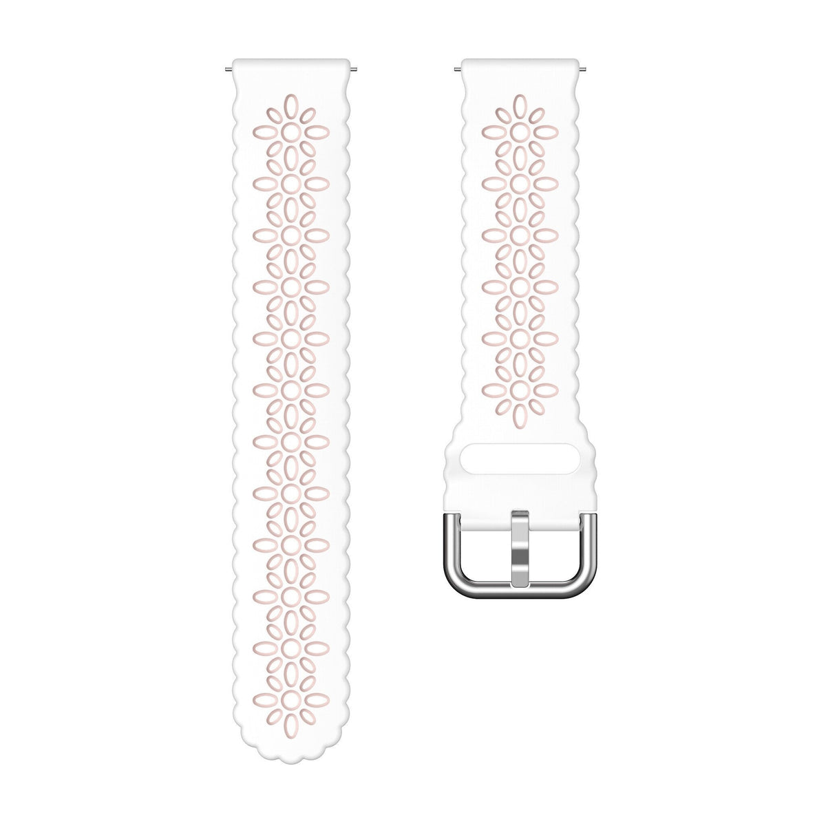 Patterned Silicone Strap, white/pink, laid flat, separate parts, direct top view