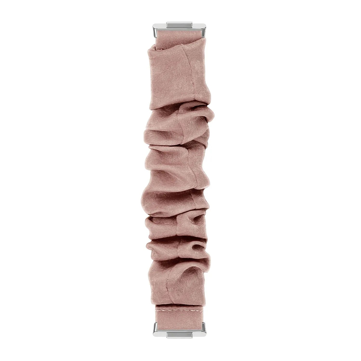 Nylon Scrunchie Strap, beige with pearls, laid flat, joined, direct top view
