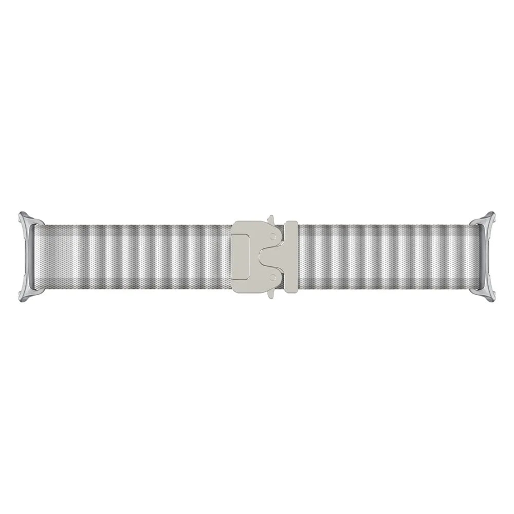 Outdoor Nylon Strap with P-Buckle, white with silver, laid flat, joined, direct top view