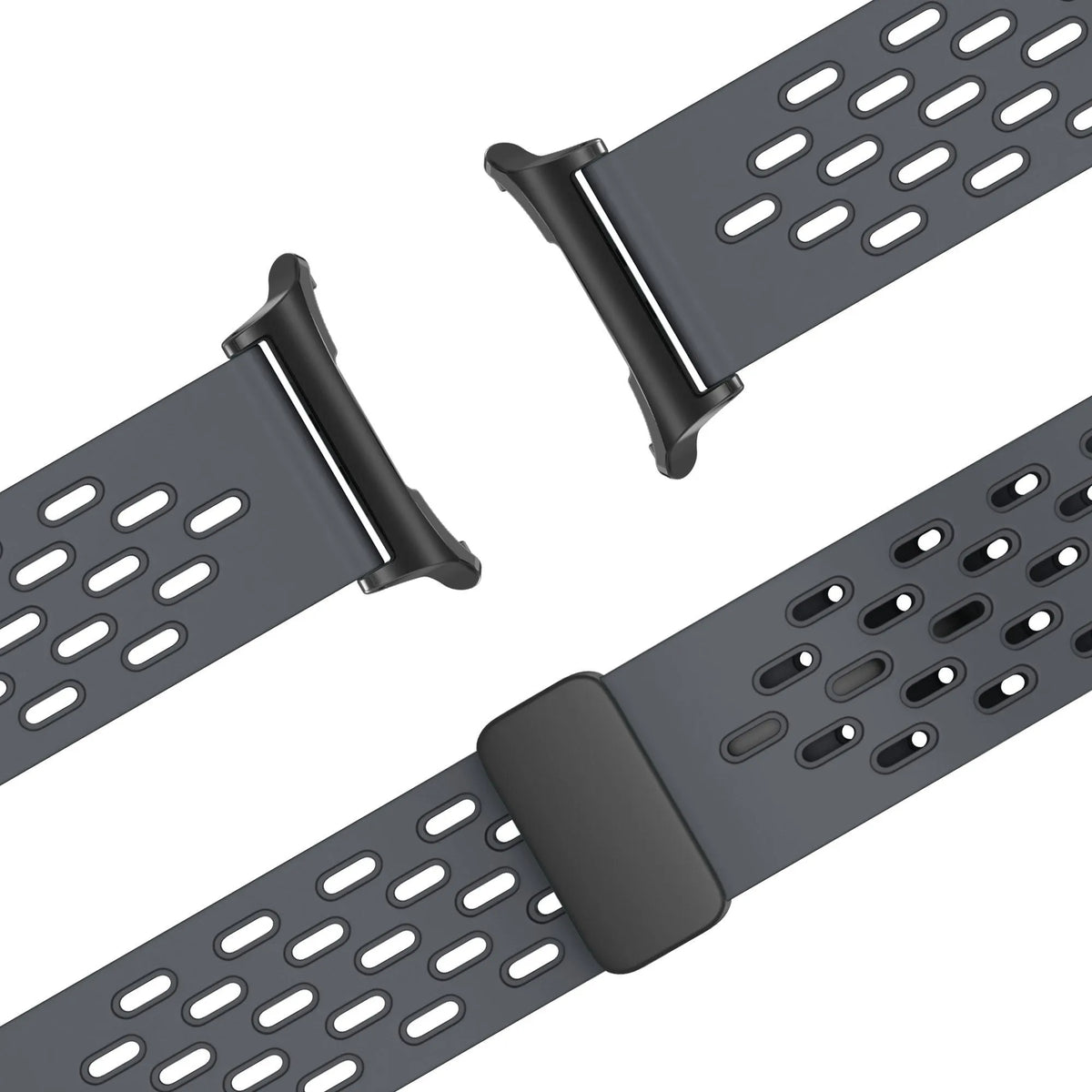 Silicone D-Buckle Sport Strap 'Air', dark grey, laid flat, joined, 45° top view